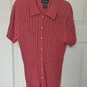 Van Heusen Short-Sleeve Ribbed Button-Up Top - Rose